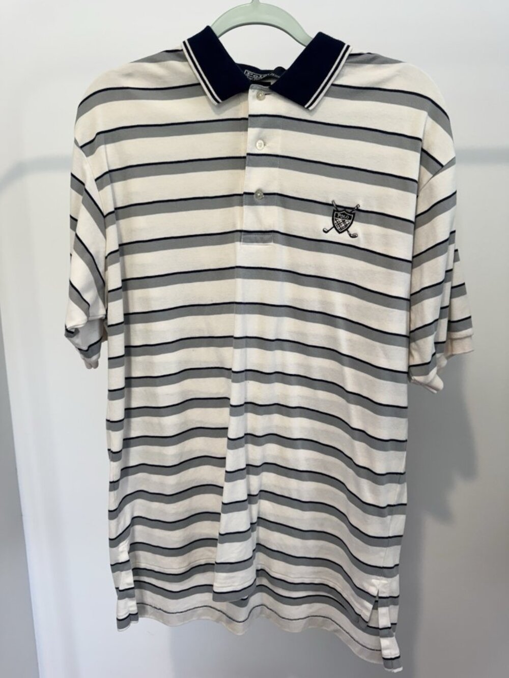 Polo Ralph Lauren Golf Polo Men's Large White Gray Stripe Crest Logo